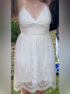 Strapless White Lace Sundress with Scalloped Hem